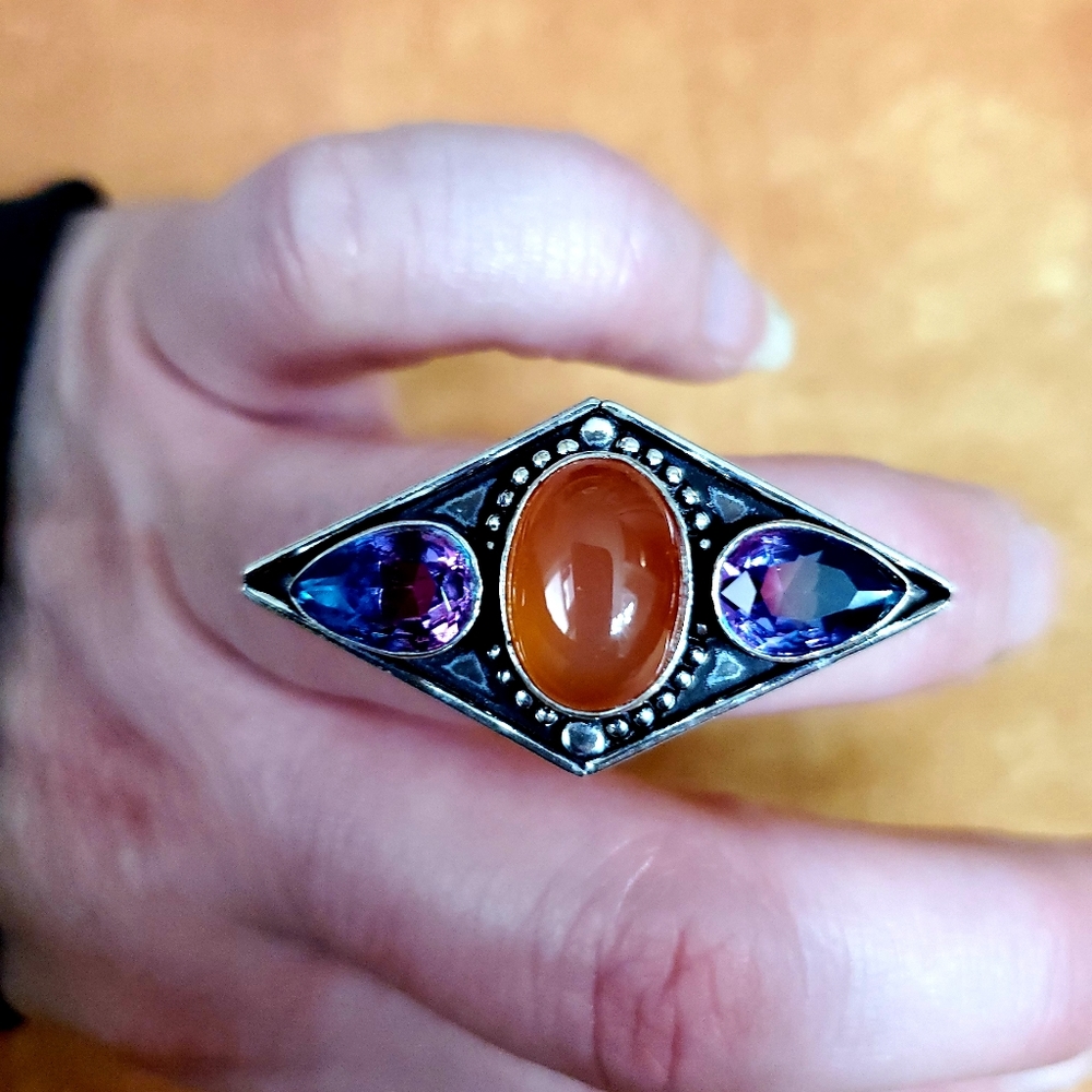 New Carnelian & Bi-Color Tourmaline 925 Silver Ring.